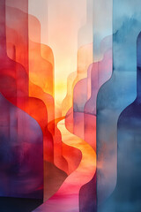 Fototapeta premium A painting of a mountain range with a red sun in the sky. The colors are vibrant and the brushstrokes are bold. The painting evokes a sense of awe and wonder at the beauty of nature