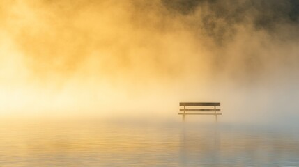 Obraz premium A lonely bench sits in the middle of a foggy lake at sunrise.