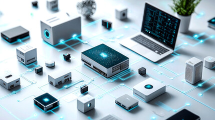 A network of connected devices with glowing blue lines, representing the Internet of Things.