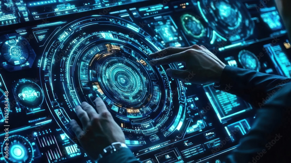 Poster hands interacting with futuristic blue digital interface