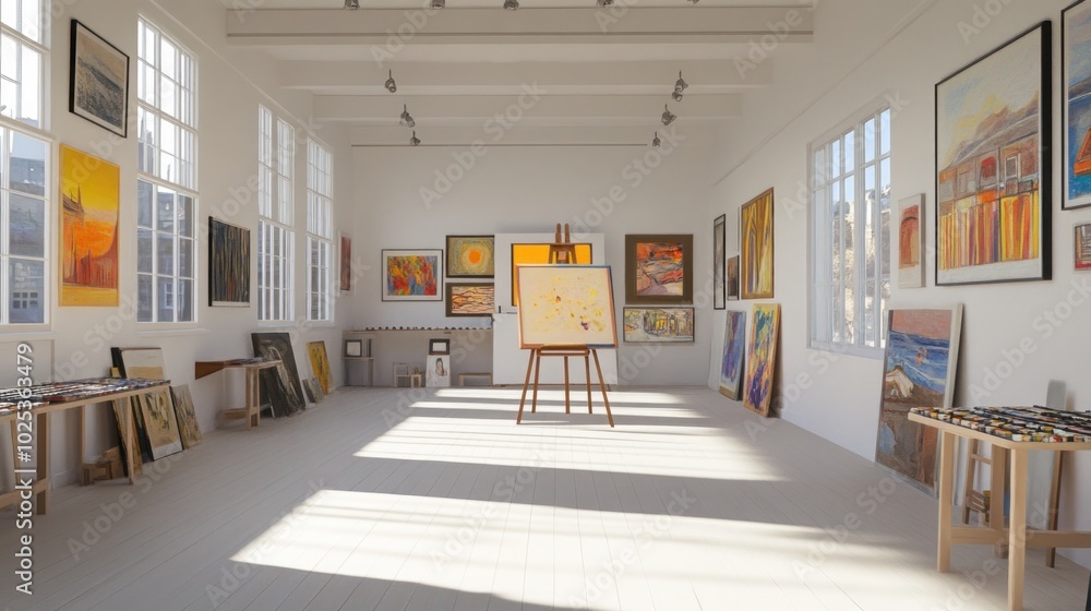 Poster a spacious art gallery with numerous paintings hanging on the white walls, with an easel and canvas 