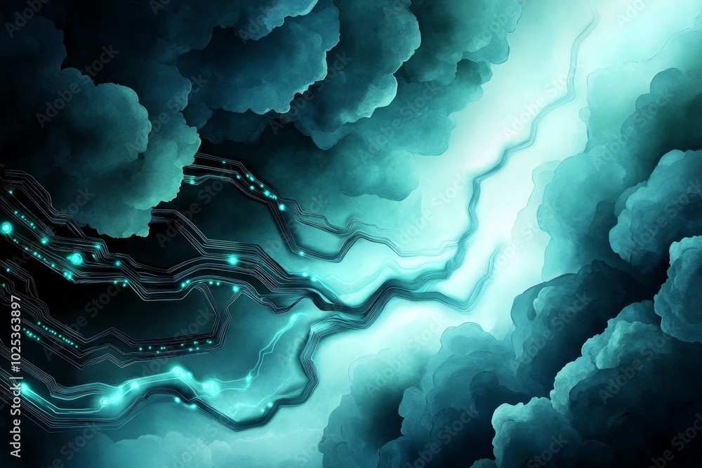 Poster cyber warfare is represented in a soft watercolor painting, with abstract, flowing lines of data str