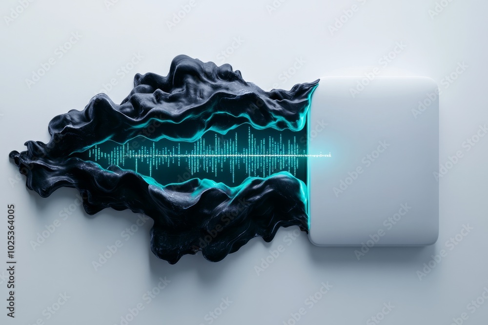 Poster Cyber-attack is symbolized by a single line of code breaking through a simple firewall, set against a clean white background