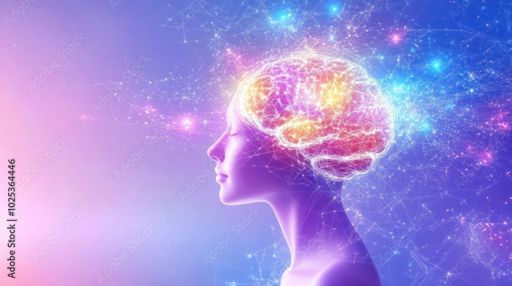 Poster a glowing human head with a detailed brain inside surrounded by brightly colored lines and dots