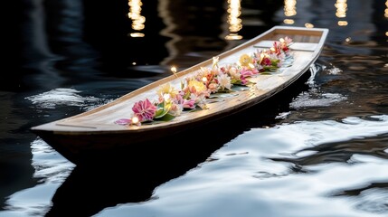 Obraz premium Serene Boat Adorned with Flowers on Calm Water