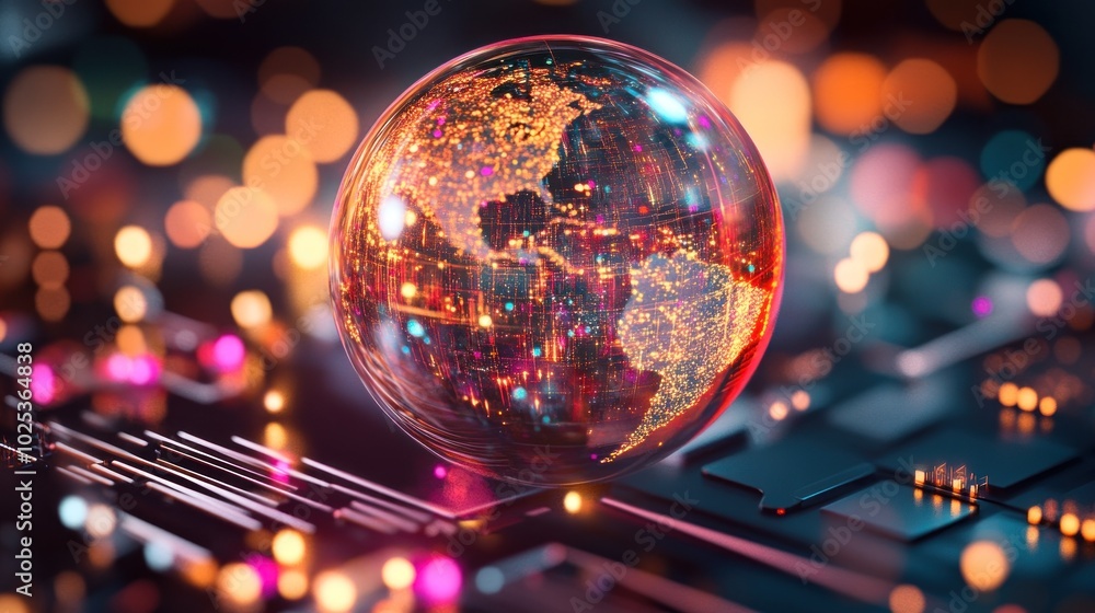 Aufkleber illuminated earth globe on a technological circuit board
