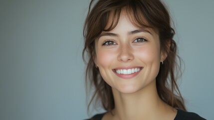 Fototapeta premium a woman smiling with a gray background behind her