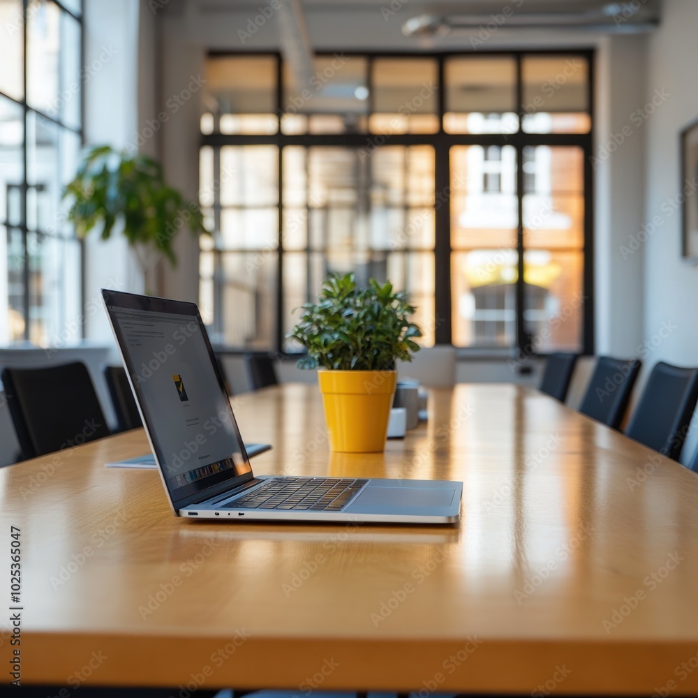 Poster a laptop computer sits on a wooden conference table in an office with large windows in the backgroun