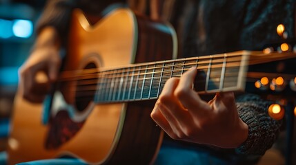 Obraz premium a person playing a guitar with a blurry background of lights