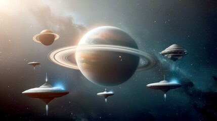 Naklejka premium A cosmic scene featuring planets, rings, and futuristic structures in a vibrant galaxy.