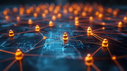 Many orange and blue dots are connected to each other in a web-like pattern. Concept of complexity and interconnectedness