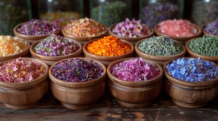Fototapeta premium Dried Flower Petals in Wooden Bowls: A Colorful Floral Display