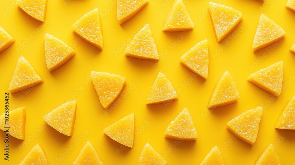 Poster a flat lay of yellow triangular candies arranged in a repeating pattern against a bright yellow back