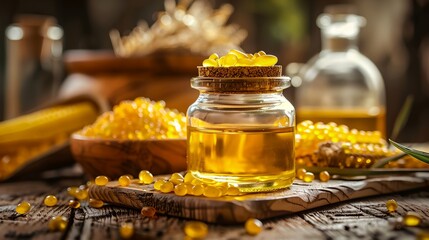 a jar of honey sits on a table