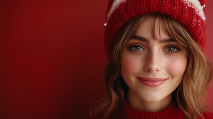 Fototapeta premium A woman with a red hat and sweater is smiling