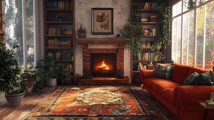 Obraz premium a living room with a fire place and a rug on the floor