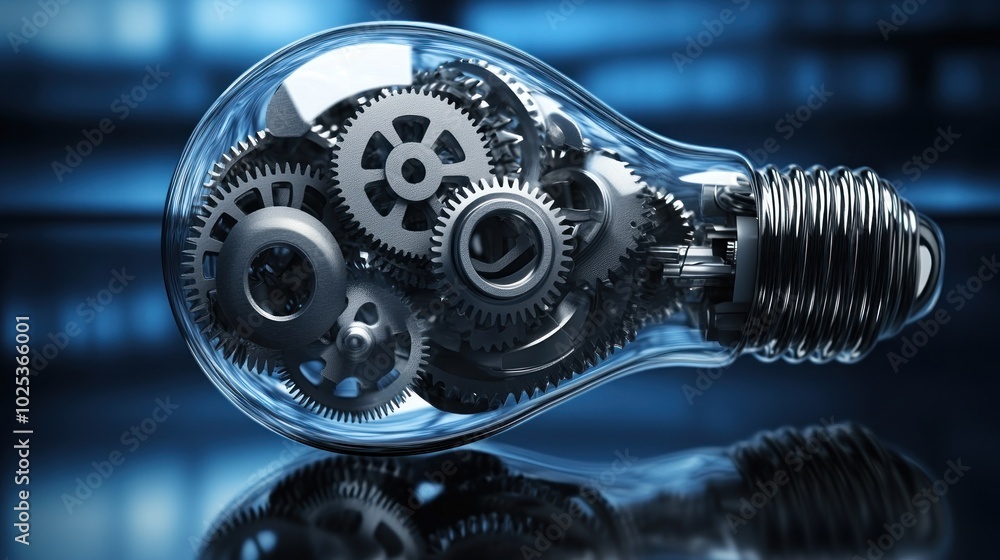 Poster interlocking gears inside a light bulb