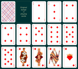 Original design of playing cards. All cards are diamonds. Standard poker deck from two to ace. All cards are diamonds. Vector illustration