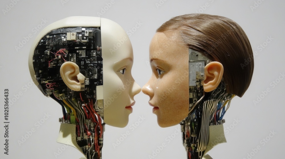 Poster two humanoid robots with exposed circuitry facing each other