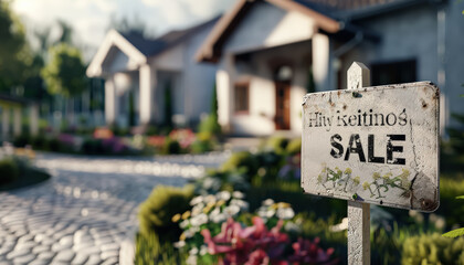 House with a sign that says sale. The house is surrounded by a garden with flowers and bushes