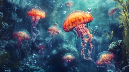 A Group of Bioluminescent Jellyfish in an Underwater Cave