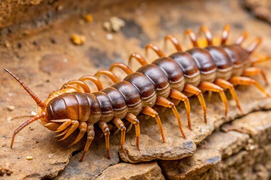 Brown centipede Lithobius variegatus in a medium shot from the Odessa catacombs