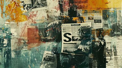Abstract Collage of Textured Surfaces and Torn Newspaper Fragments