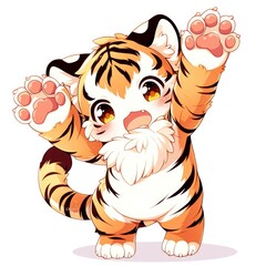 Naklejka premium A cute, cartoonish tiger character with big eyes and raised paws, exuding playfulness.