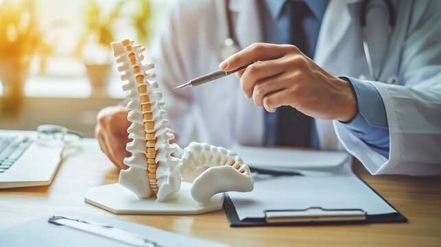 Closeup no face medical male doctor pointing on human spine model with a pen sitting in his office. Spinal healthcare and back pain treatment concept. 