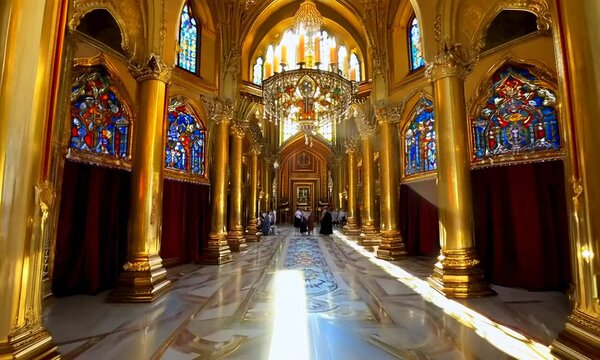 The Grand Hall of the Royal Palace, with towering golden pillars, sparkling chandeliers, and a gleaming marble floor