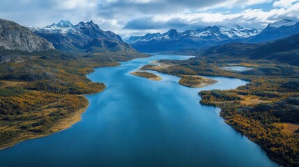 Serene Aerial View of River Through Mountain Landscape