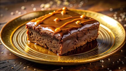 Brownie dessert with caramel sauce and sea salt on gold rimmed plate