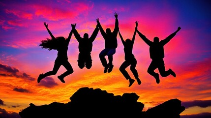Silhouette of five friends jumping in celebration against a vibrant sunset sky.