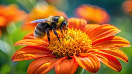 Bumble Bee feeding on nectar of large orange flower