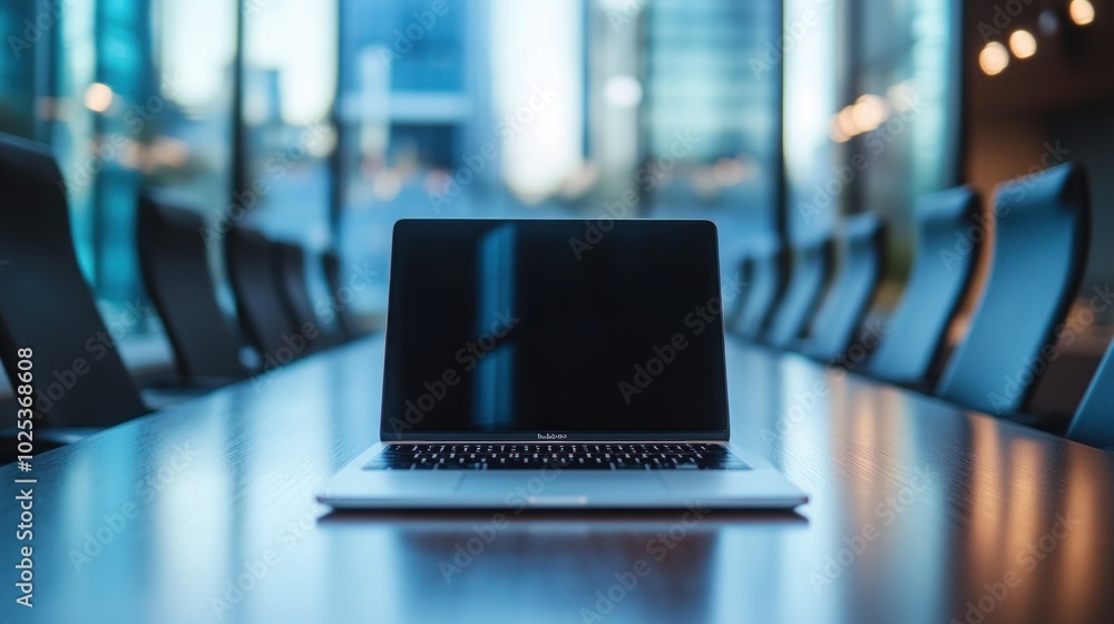 Poster a laptop computer sits on a conference table in a modern office building with a blurred background o
