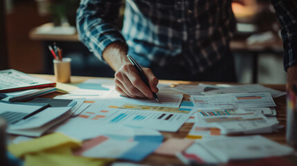 Fototapeta premium Person working with documents on desk, accountant checking company budget accounting documents
