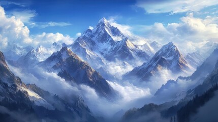 Obraz premium A Majestic Mountain Range Cloaked in Mist and Snow