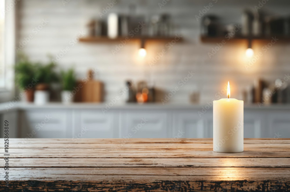 Aufkleber single white candle burning on a rustic wooden table in a cozy kitchen, creating a warm and inviting