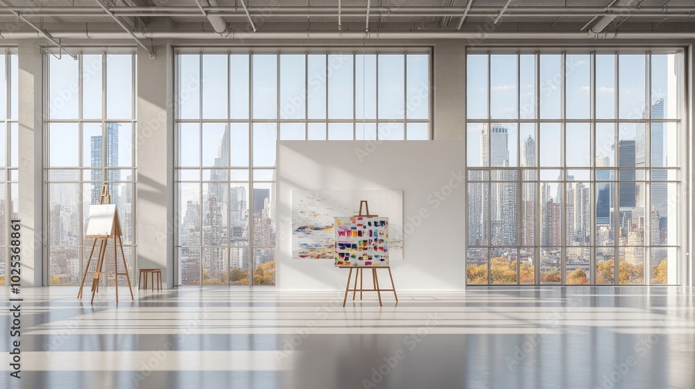 Poster a modern art studio with large windows overlooking a city skyline. two easels stand in the center of