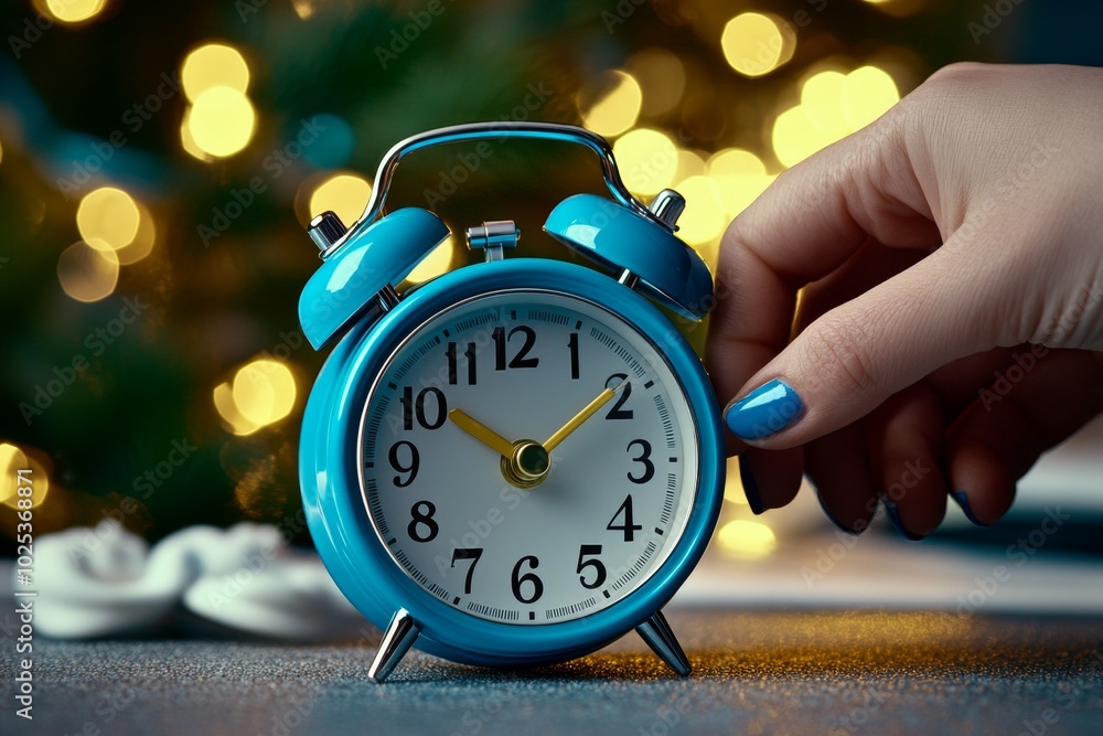 Poster detailed close-up of a personâ€™s hand turning off an alarm clock at 5 am, showing the soft light of