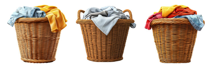 Baskets with Colorful Laundry in Woven Baskets Isolated on Transparent Background