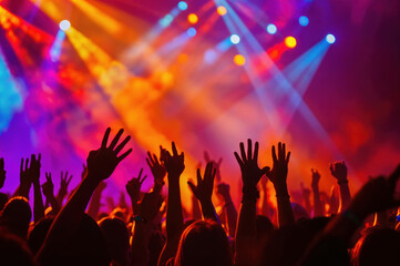 concert scene showing raised hands in the crowd, illuminated by colorful stage lights.