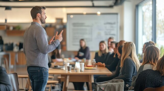 A man giving a presentation to a group of colleagues in a modern office setting.