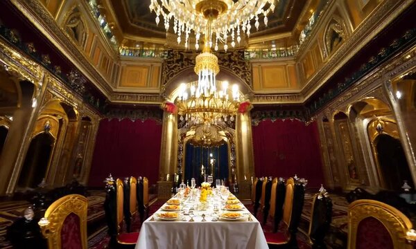 The Grand Hall of the Royal Palace, with towering golden pillars, sparkling chandeliers, and a gleaming marble floor