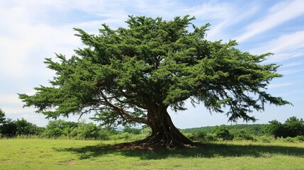 Fototapeta premium Majestic cedar tree with lush green foliage standing tall against a clear sky. A symbol of strength, endurance, and nature’s beauty, the cedar tree is perfect for environmental, nature