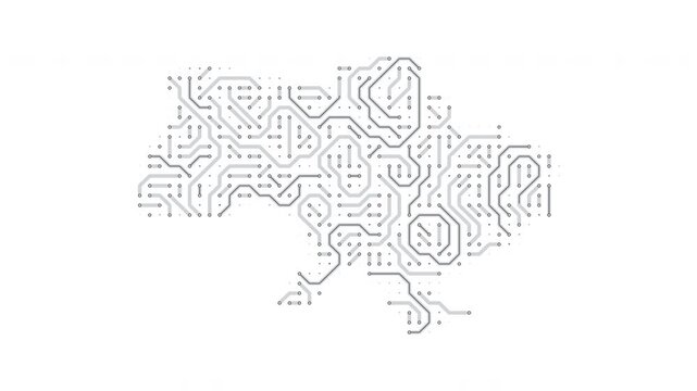 Ukraine - country map, circuit board, digital tech background. Seamless loop.
