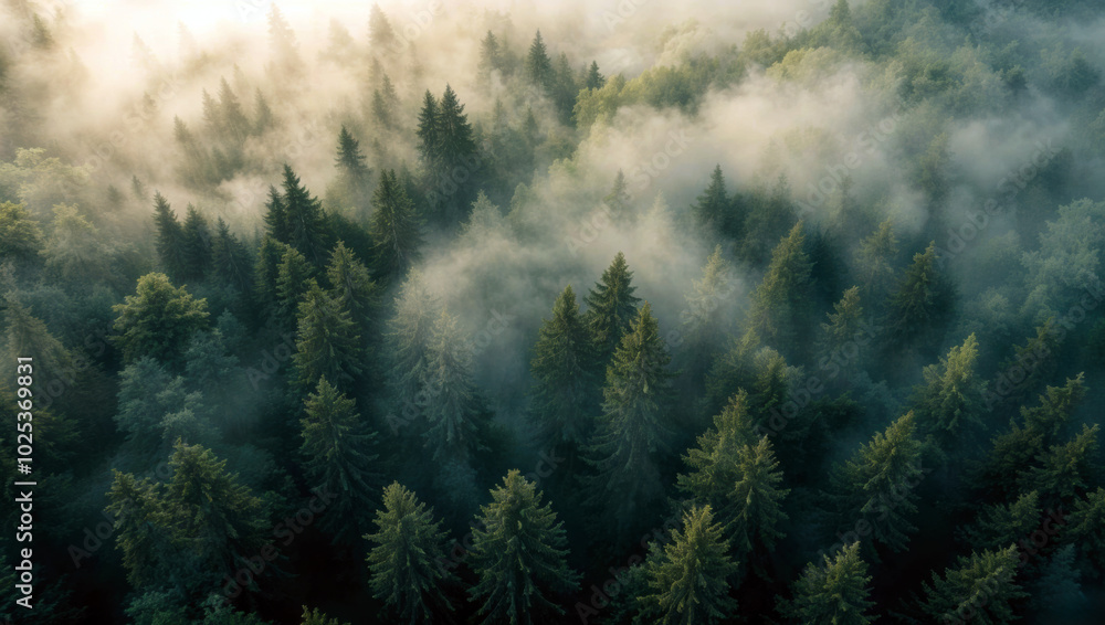 Poster aerial view of fog flowing over coniferous forest