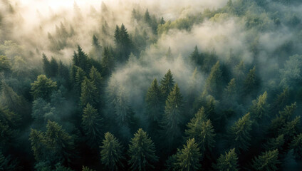 Obraz premium Aerial view of fog flowing over coniferous forest