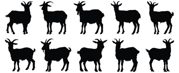 Goat silhouettes set, animal pack of vector silhouette design, isolated background