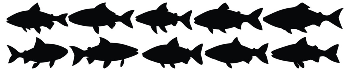 Fish silhouettes set, fishing pack of vector silhouette design, isolated background.